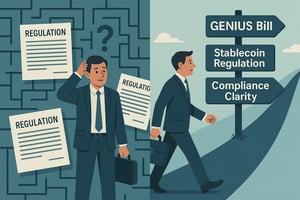 Illustration showing transformation from regulatory confusion to clarity through GENIUS Bill